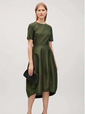 COS Cotton Silk Short Sleeve Cocoon Midi Dress in Olive Green, Size 8